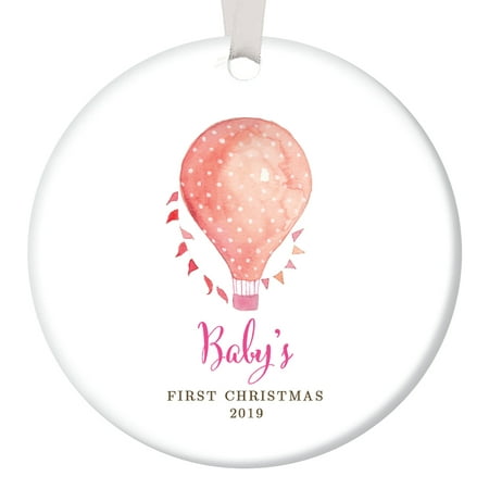 Hot Air Balloon Baby's First Christmas Ornament 2019, Watercolor Girl 1st Christmas Porcelain Ornament, 3