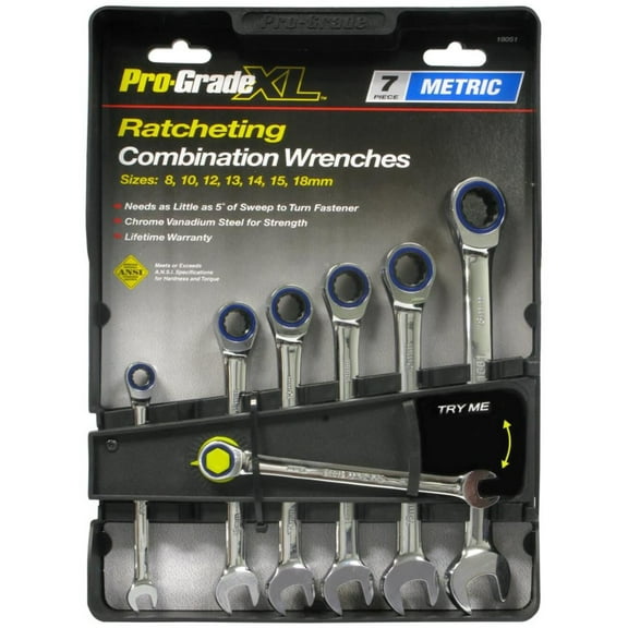 Pro-Grade Metric Ratcheting Combination Wrench Set 7-Piece Chrome Vanadium Steel, 18051