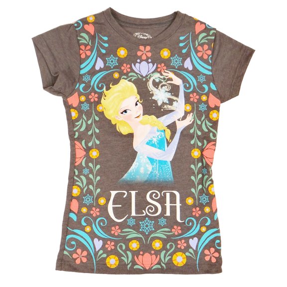 Disney Frozen Elsa Floral Pattern Girls Heather Grey T-Shirt | L