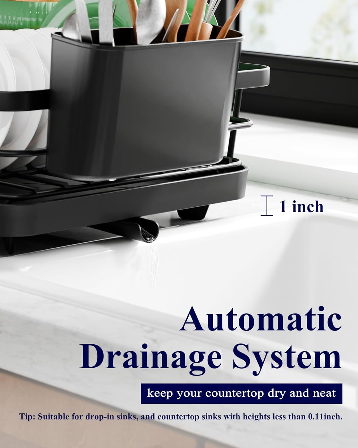 Dish Drying Rack - Compact Dish Rack with Utensil Holder & Adjustable Water Outlet, Rust-Proof & Scratch-Resistant Drying Rack for Kitchen, 14.5" x 12.0" x 4.0", Black