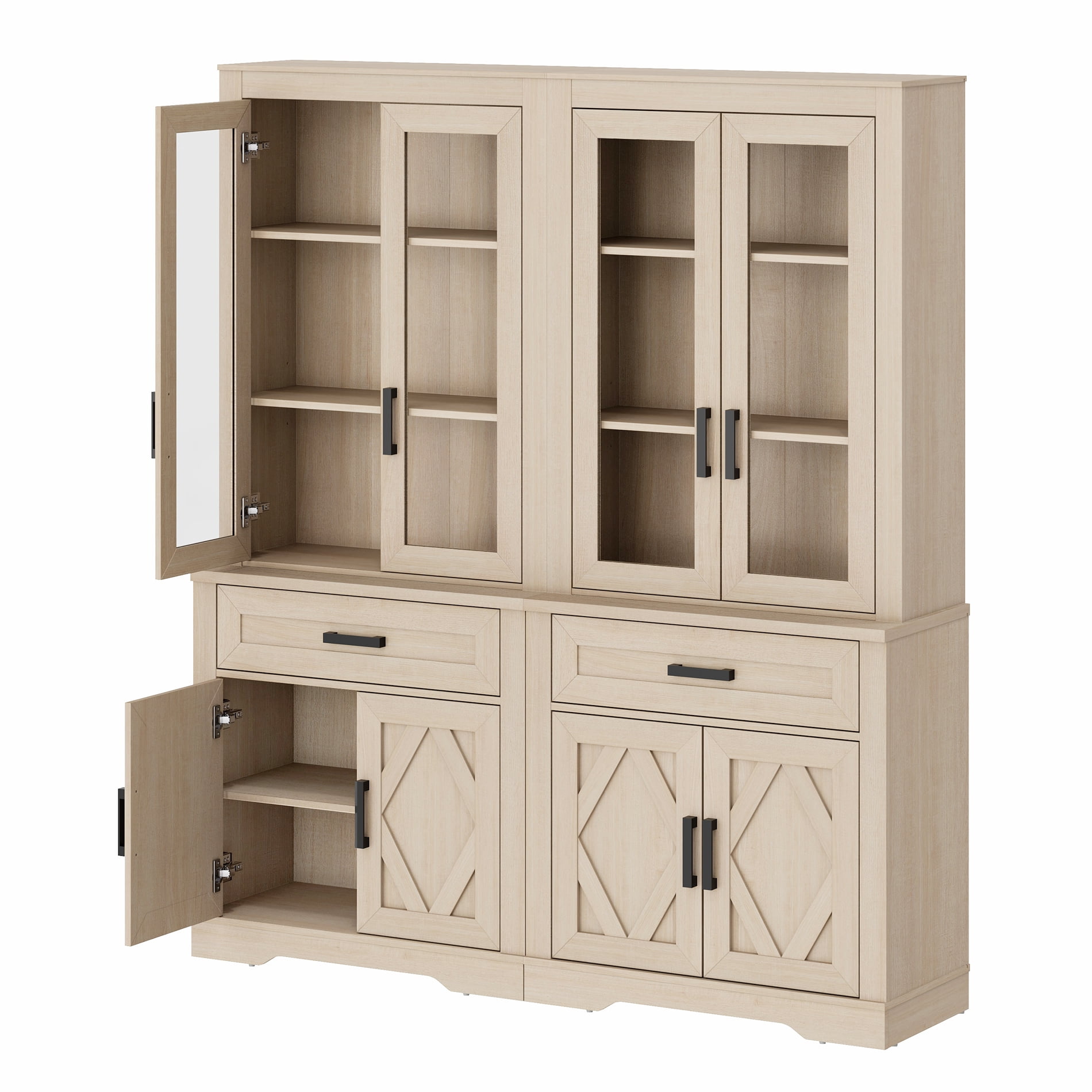 WAMPAT 5 Tier Bookcase with Barn Door,73.3" Tall Open Storage Bookshelf,Floor Standing Farmhouse Display Organizer with Drawer for Home Office,Living Room,Beige