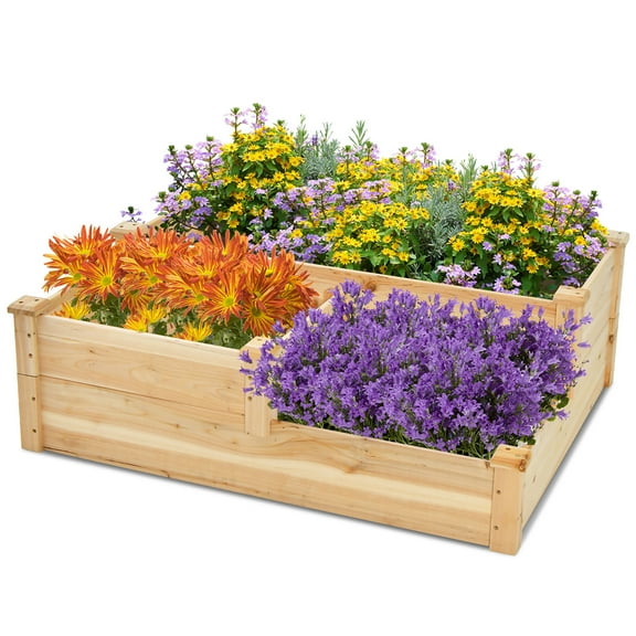 Gymax 3-Tier Outdoor Raised Garden Bed Fir Wood Elevated Flower Box Backyard