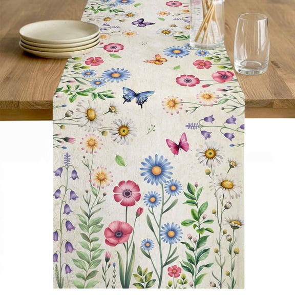 Spring Floral Table Runner - 48 Inch Long Pink Blue Flowers Butterfly Farmhouse Cotton and Linen Blended Dress Scarves Farmhouse Table Runner for Kitchen Dining, Coffee Table, 13" x 48"