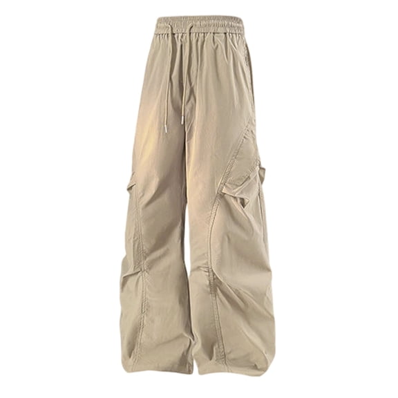 CLOISE Lounge Pants for Men with Multi Pocket Big and Tall Drawstring Ruched Mid Waist Straight Leg Long Pants Elastic Waist Solid Baggy Travel Vacation Outfits Khaki XL