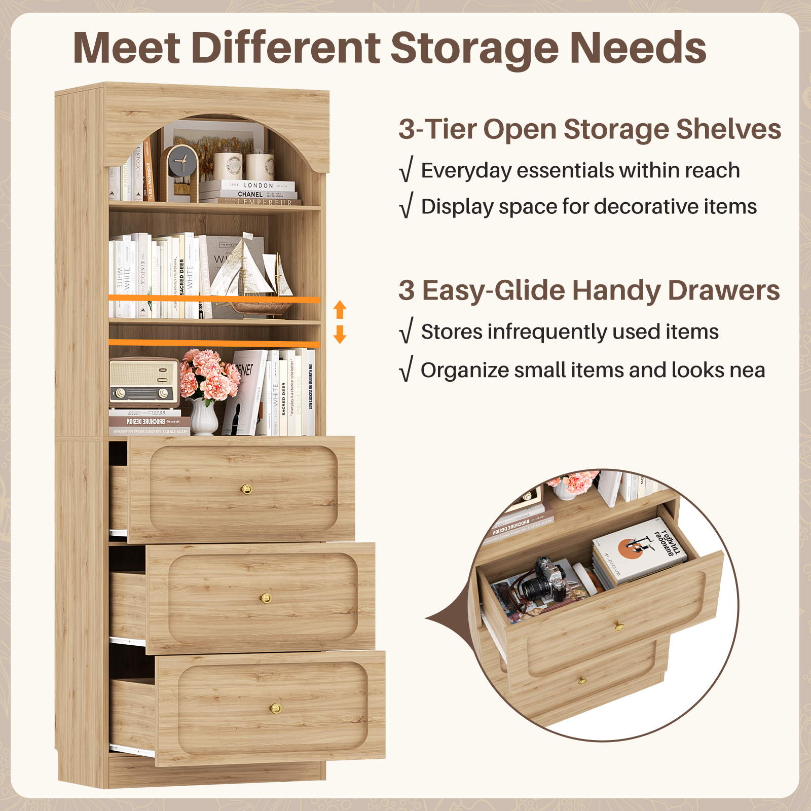 Homieasy 80" Tall Arched Bookcase with 3 Drawers & 3 Open Shelves - Wooden Storage Cabinet for Living Room, Kitchen, Office,Brown