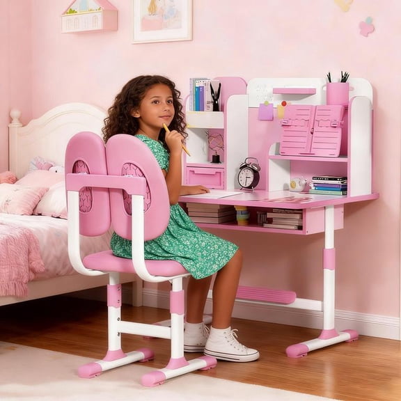 YNCE Small Desk, Kids Study Desk Chair Set, Height Adjustable Children School Study Table Chair Set with Sitting Corrector, Ergonomic Desk Chair with Book Stand, Foot Pedal, Partition Design