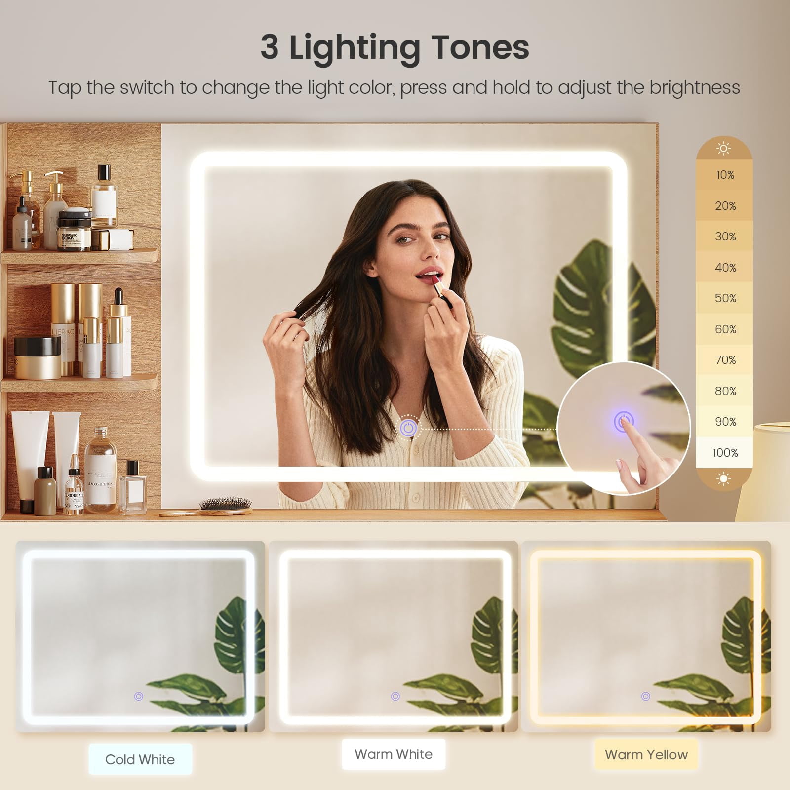 Fluted Makeup Vanity Desk with Touch Screen Mirror and Lights, Wood Vanity Table with Charging Station & LED Lights, with 3 Drawers & Cabinet & Shelves, Oak