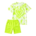 thumbnail image 2 of Girl Tie-dye Outfits 2 Piece Sets Heart Printed Shirts and Biker Shorts | Girls Summer Tie-dye Outfits 2 Piece Sets Heart Printed Short Sleeve Crewneck Shirts and Biker Shorts Set Kids Clothes, 2 of 6