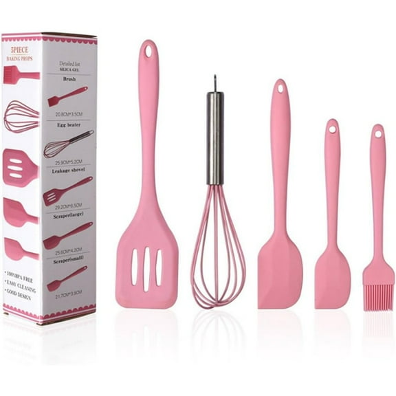 Silicone Kitchen Utensil Set Kitchenware 5PCS Silicone Kitchen Utensils Set Spatulas Brush Cooking Tools, Easy to Use & Clean, Pink
