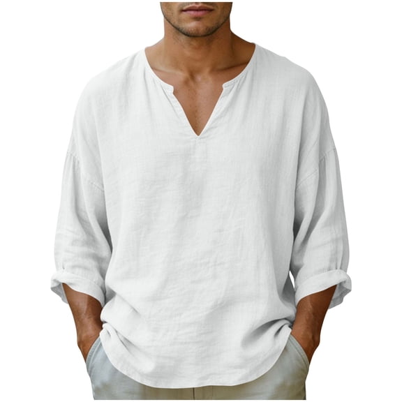 Qelyn Men's Long Sleeve T-Shirts Casual V Neck Linen Shirts Lightweight Loose Fit Basic Tee Tops for for Daily Wear