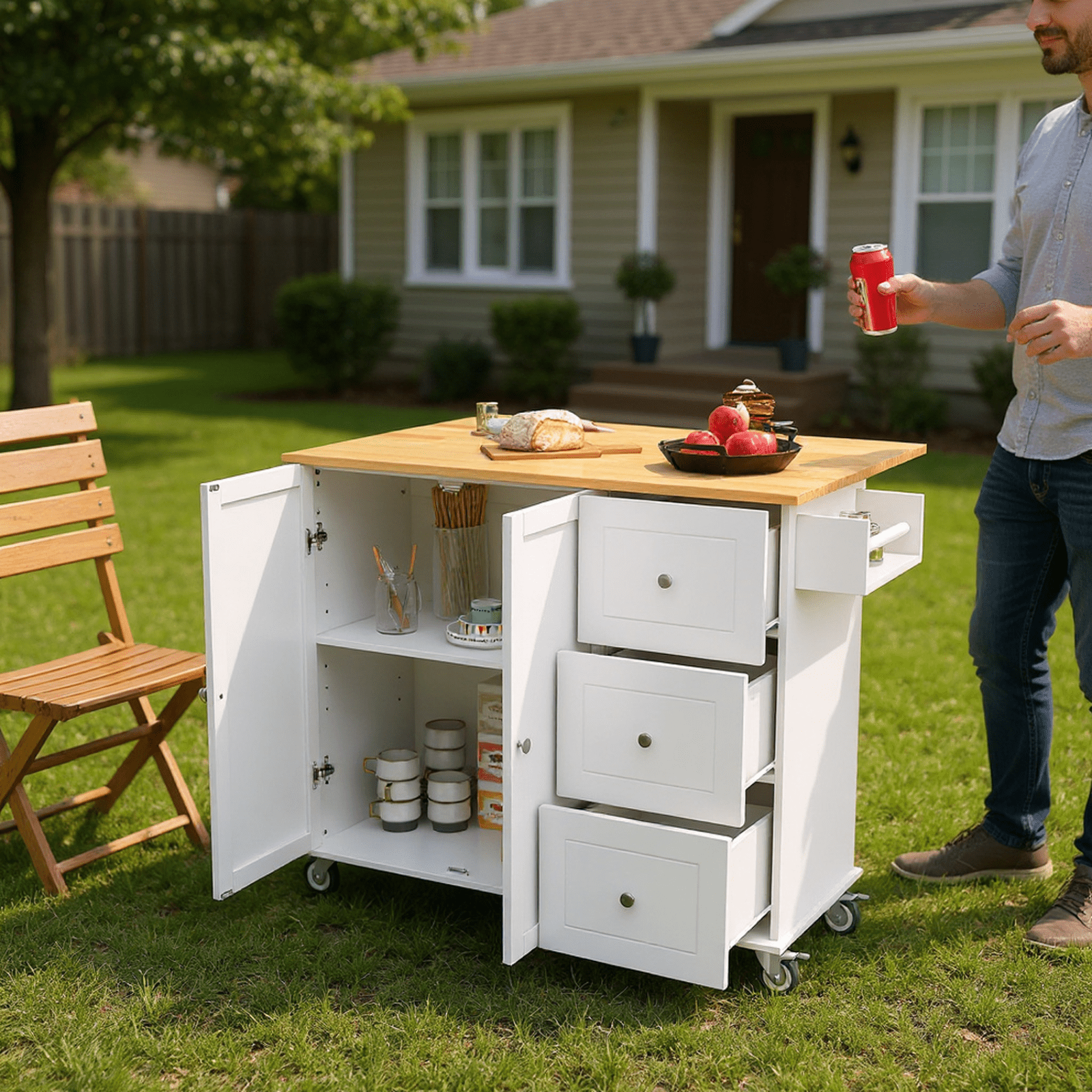 Homy Casa Kitchen Serving Cart with Storage, 3 Drawers, Side Shelf & Wood Top, Rolling Island on Wheels