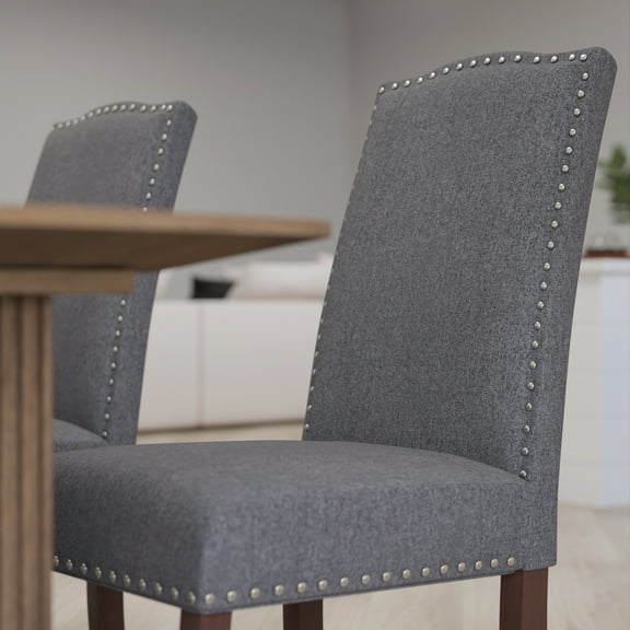 Merrick Lane Parsons Chair Plush Gray Fabric Dining Chair with Accent Nail Trim and Mahogany Finished Wood Legs