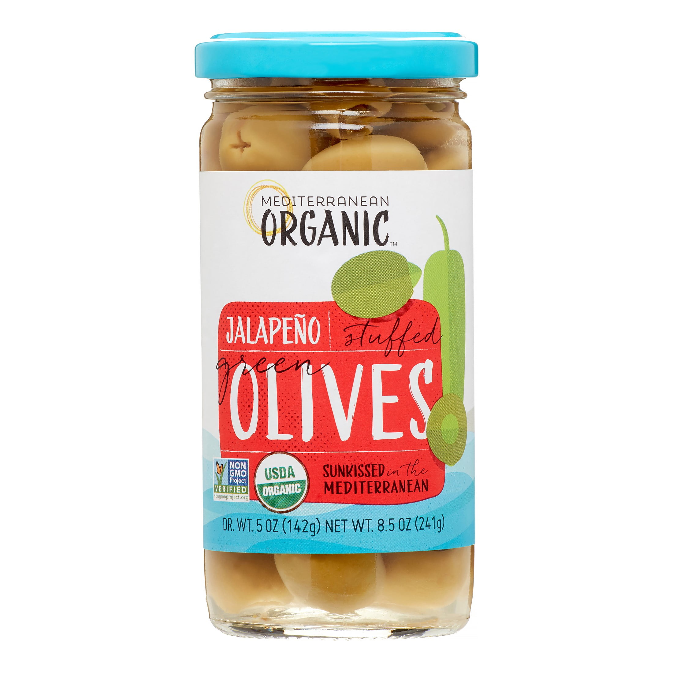 Mediterranean Organic Olives, Green Stuffed, With Jalapenos, 8.5 Oz