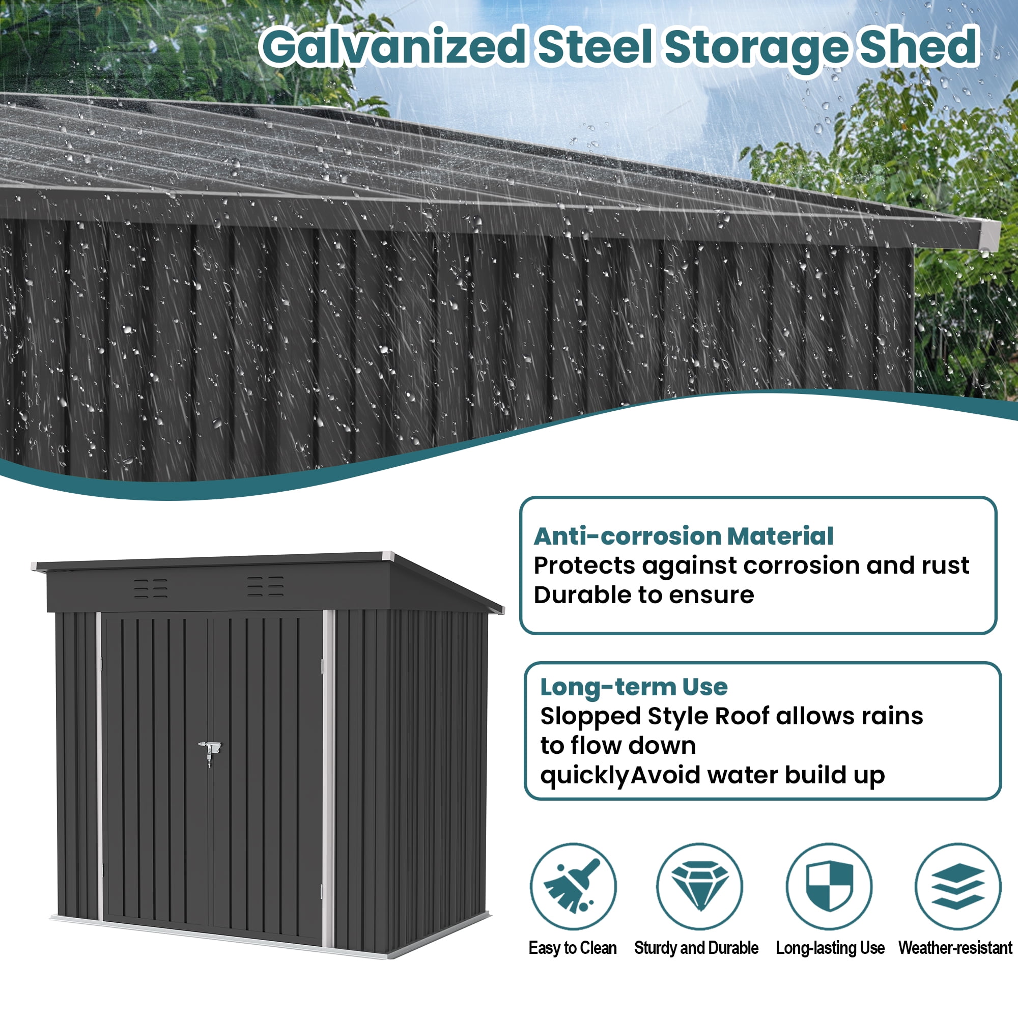 Sesslife 6' x 4' Outdoor Storage Shed, Patio Galvanized Steel Metal Shed with Sliding Doors, Garden Shed with Vents for Tools, Lawn Mover, Bike, Black