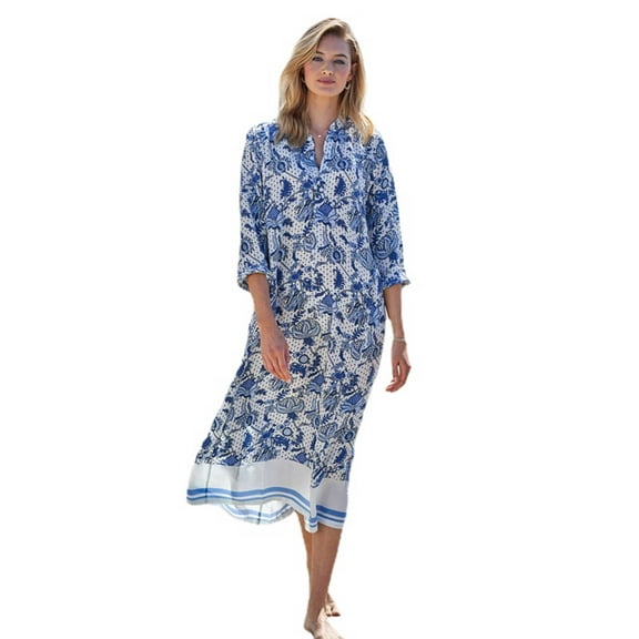 EDOLYNSA Blue Printed Loose Standing Collar Kaftan Beach Dress Elegant Women Plus Size Beach Wear Swim Suit Cover Up