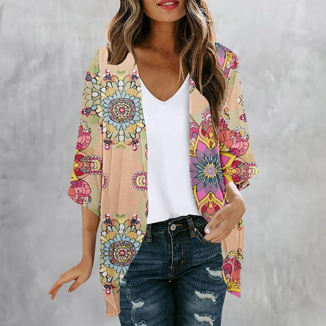 UPPADA Cardigan à Manches 3/4 pour Femmes, Léger, Chic, à Imprimé Floral, Ouvert à l'Avant, par-Dessus de Plage, Décontracté, Fluide, Mignon, Chemises, Blanc, TG