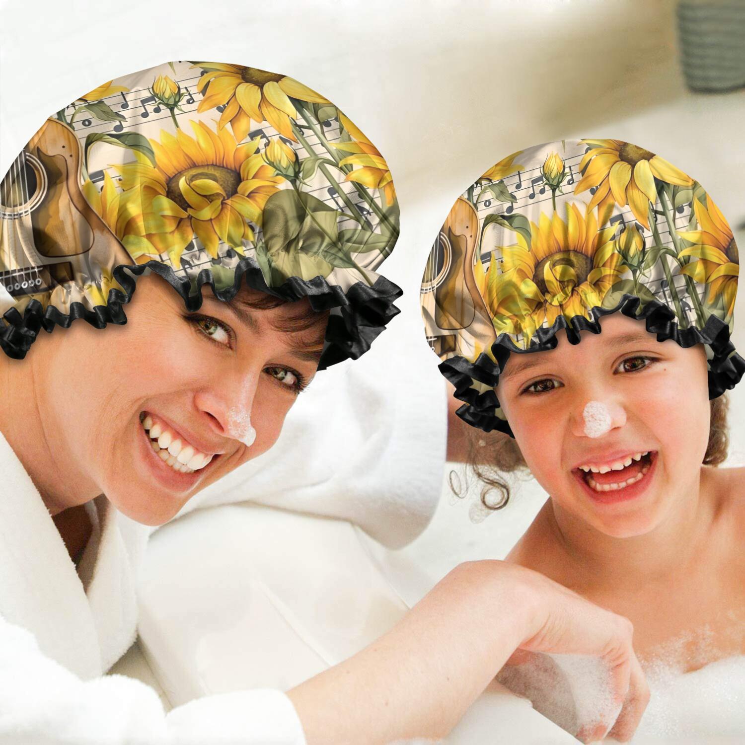 Shower Caps,Beige Music Sunflower Guitar Pattern Waterproof Shower Cap for Women 4 Pieces,Double Reusable Hair Cover for Shower PEVA Elastic Stretch Hem