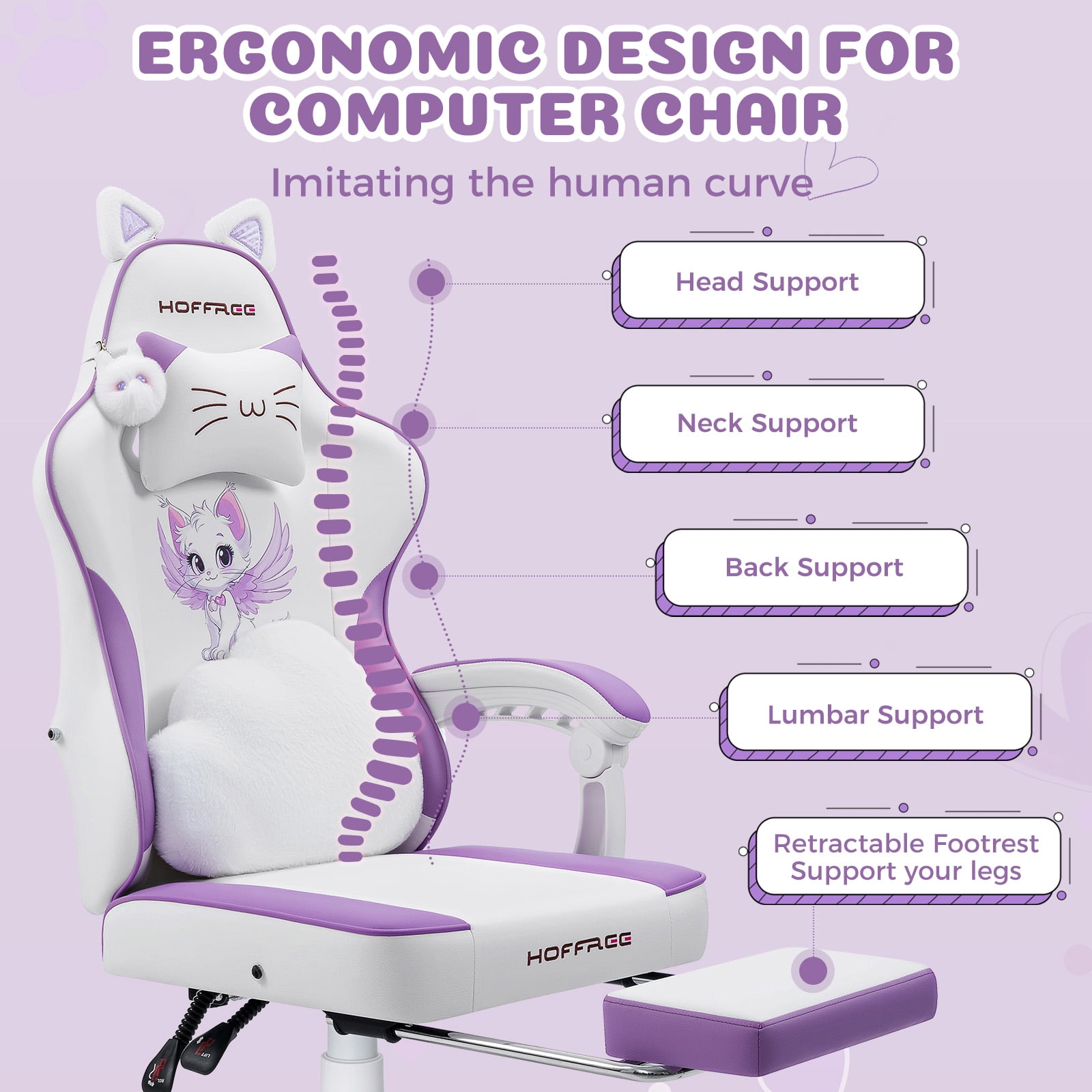 HOFFREE Gaming Chair for Girls with Cat Ears and Cloud Massage Lumbar Cute Computer Chair with Footrest Comfortable Reclining Game Chairs for Adults Teens Women Purple and White