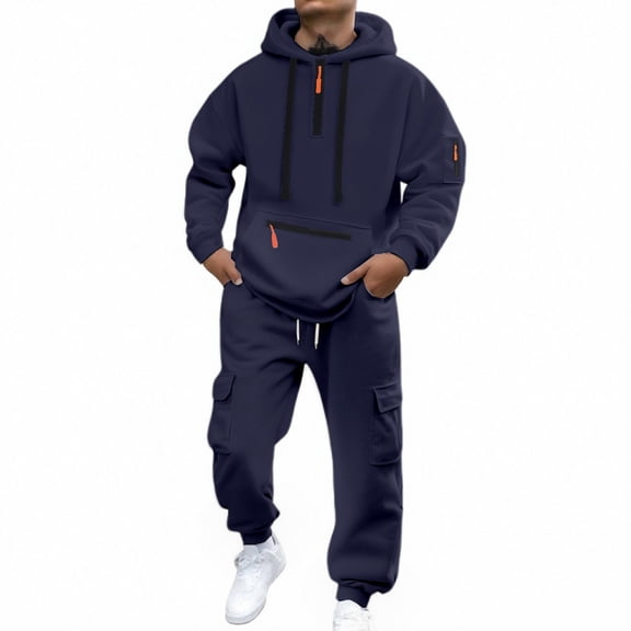 Men's Tracksuit Set, 2-Piece Warm Winter Outfit with Half-Zip Hoodie & Cargo Sweatpants, [Color], [Size]