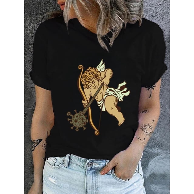 Camiseta con gráfico de Cupido para mujer: camiseta negra informal con estampado dorado, cuello redondo, manga corta, lavable a máquina. Perfecta para primavera y verano. Para adultos, hombres, mujer