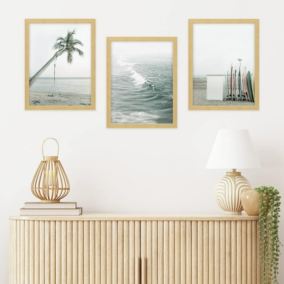 PixonSign Framed Canvas Print Wall Art Set - Nautical Palm Tree Ocean Wave Surfboards Art - Set of 3 Nature Seaside Landscape Artwork Modern Travel Posters Wall Décor -12"x16"x3 Panels Natural
