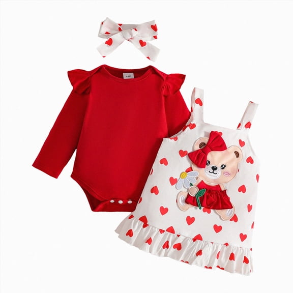 NOLDARES Baby Girl Clothes Fall Winter Outfits Cute Print Infant Romper Suspender Skirt with Headband 3pc Set 0-24 Months(Red,3-6 M)