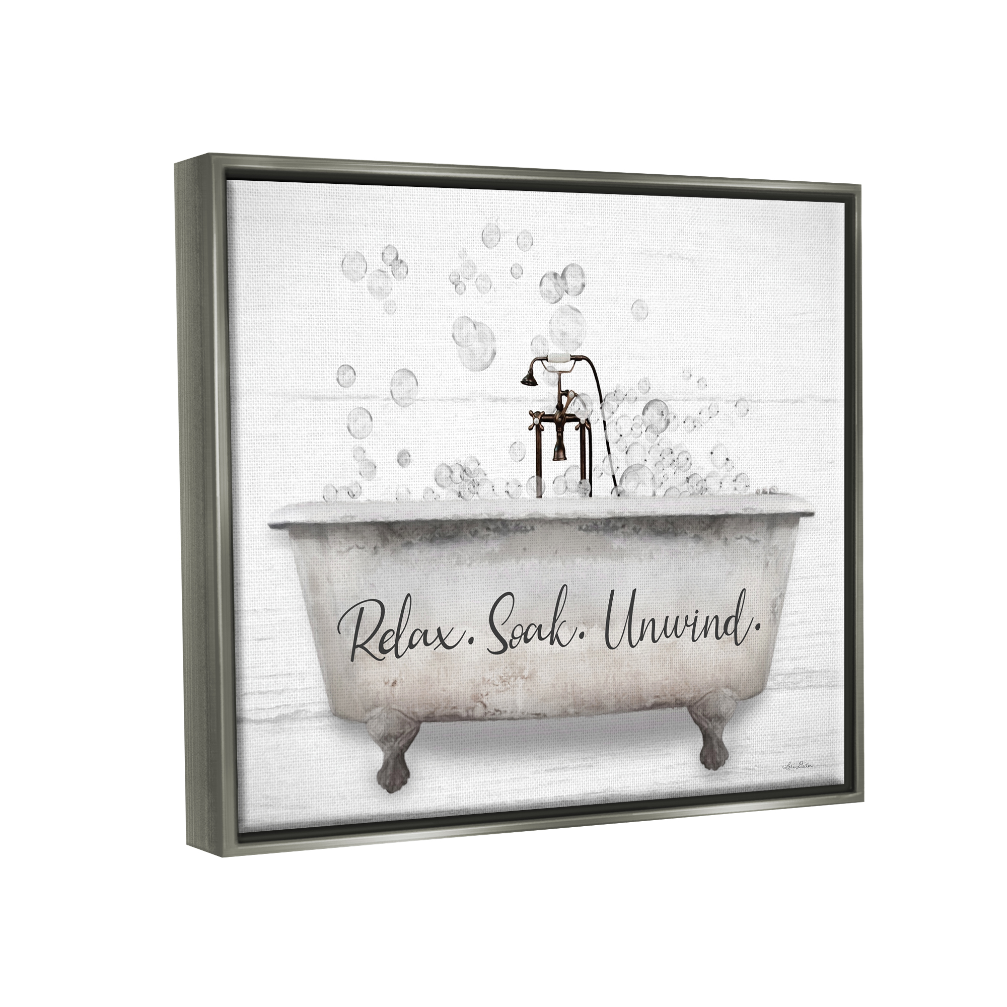 Stupell Relax Soak Unwind Bathtub Bubbles Typography Painting Gray Floater Framed Art Print Wall Art