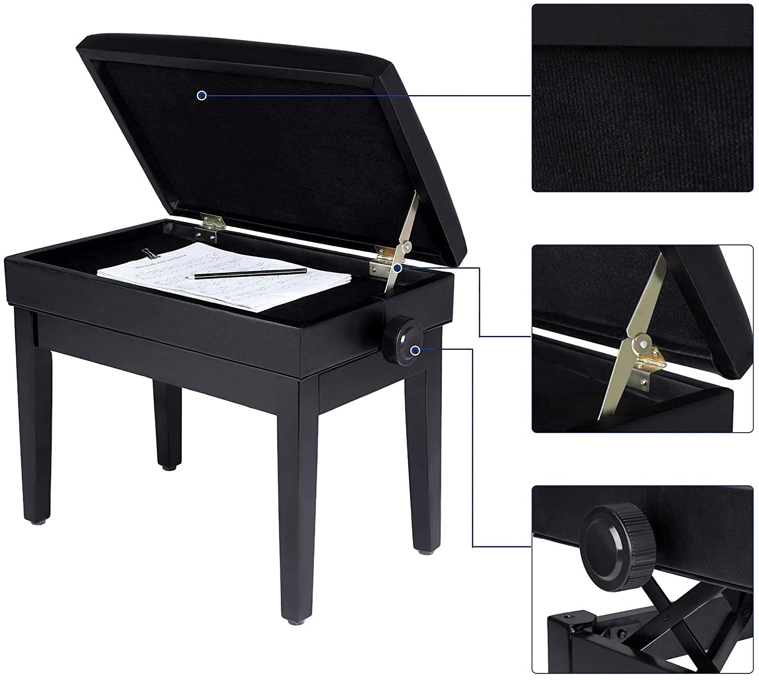 SONGMICS Adjustable Wooden Piano Bench Stool with Sheet Music Storage Black ULPB57H 