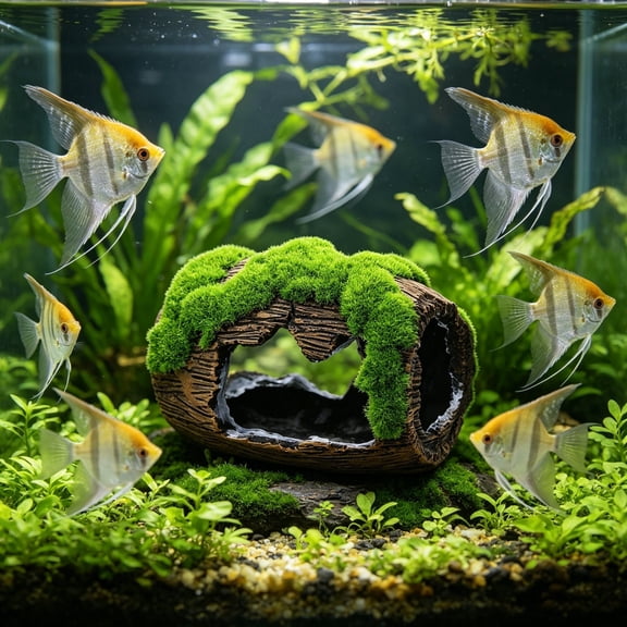 Resin Aquarium Ornament with Artificial Moss, Wine Barrel Fish Tank Decoration, Shrimp Hiding Cave Hideout for Betta Fish Small Fish, Lifelike Landscaping Decor for Freshwater Saltwater