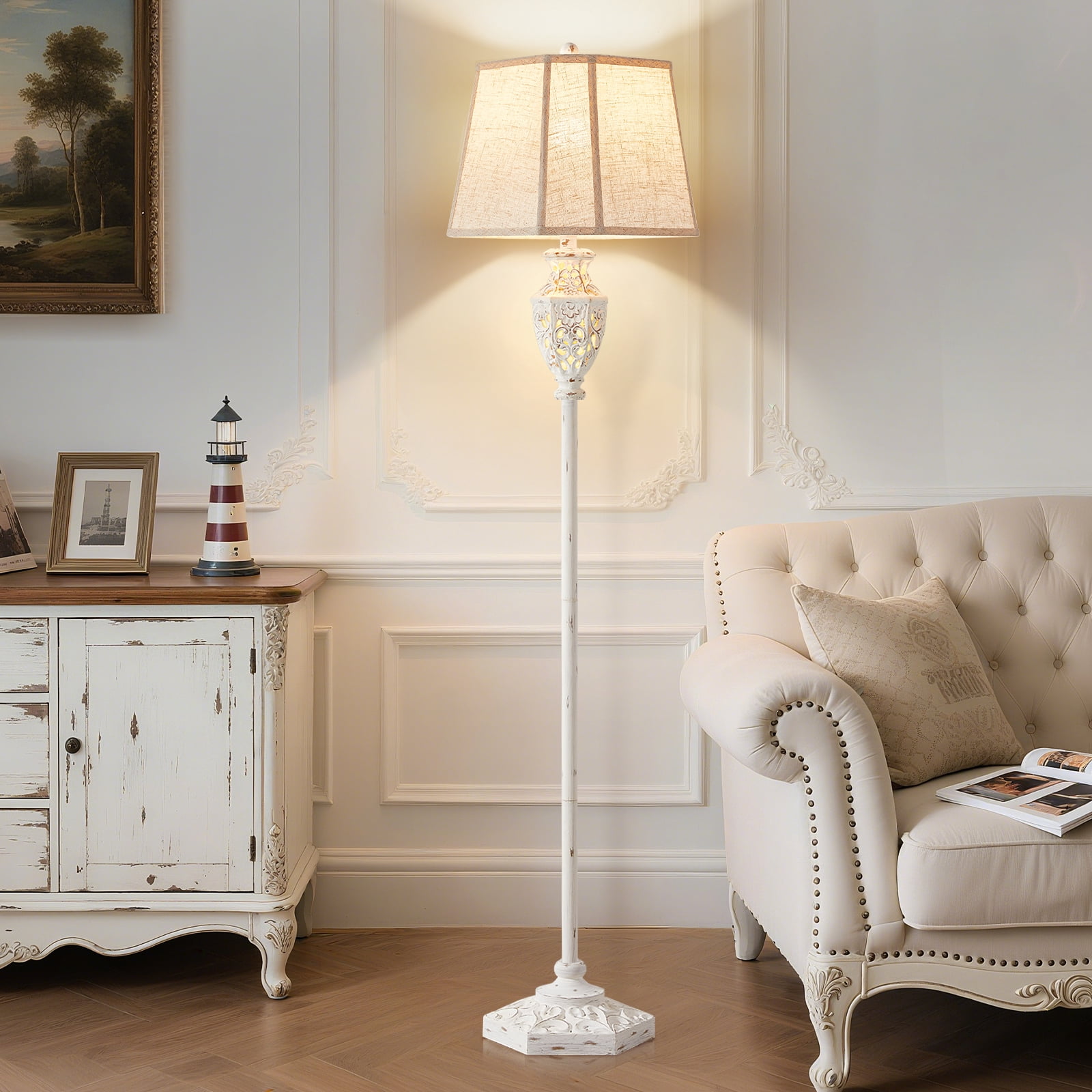NATYSWAN Vintage Floor Lamp,Resin Tall Standing Lamp with 6-Sided Carved Hollow Nightlight,63in Reading Lamps for Living Room, Bedroom