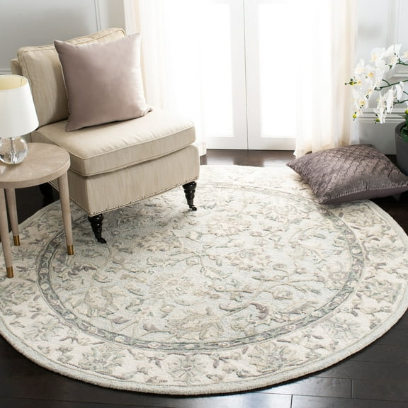 SAFAVIEH Glamour Pierce Floral Bordered Wool Area Rug, Light Blue/Ivory, 6' x 6' Round
