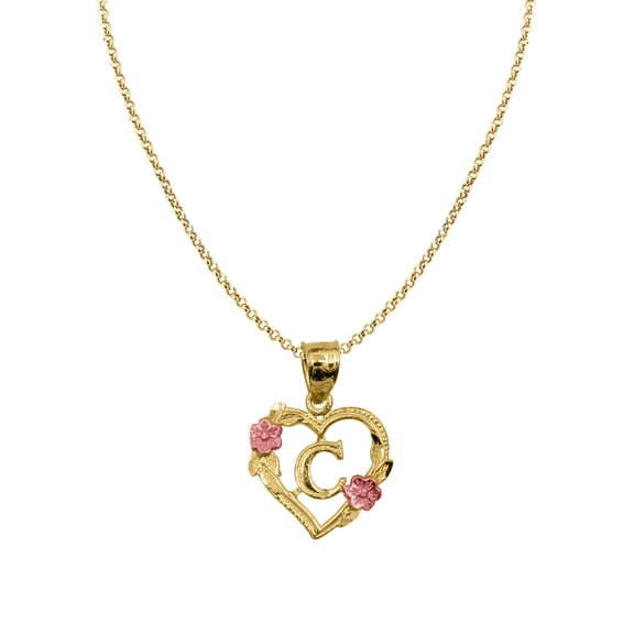 Genuine 14k Two-tone Gold 0.66" Floral Heart Initial C Pendant Necklace 16", 18", 20", 22" Trendy Charm Initial Necklaces for Women