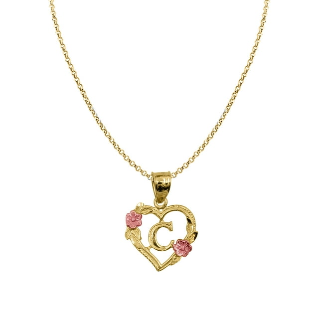 Precious Stars 14K Two-Tone Gold Flower and Heart-shaped Initial 'C' Pendant with 20" Chain Necklace