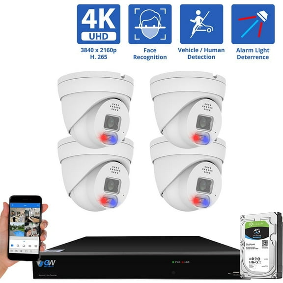 GW Security 8 Channel 12MP NVR 4K Full-Time Color Night Vision Blue & Red Alarm Lights PoE Security Camera System with (4) 8MP Two-Way Audio Outdoor Turret Cameras, AI Human & Cars Detection, 2TB HDD