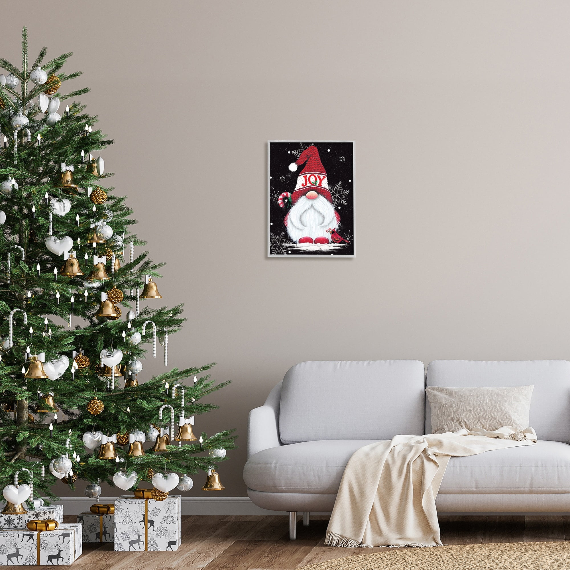 Red Holiday Gnome Candy Cane Snowflakes Pattern Fairy Tales & Fantasy Graphic Art Framed Art Print Wall Art