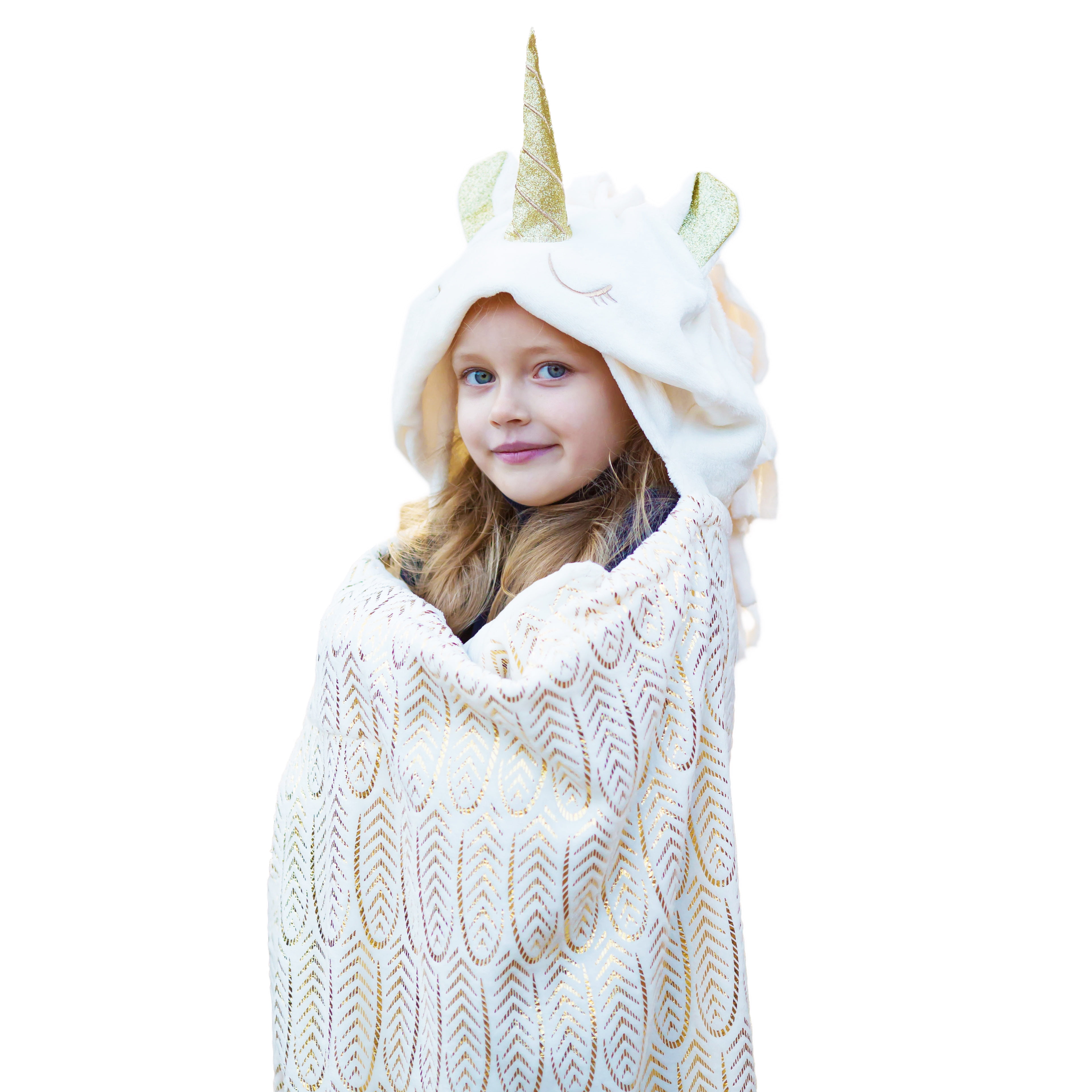 Hooded Unicorn Blanket for Girls & Adults Kids Large Soft Plush Wearable Hoodie Bankets Comfortable Animal Hood Throw Wrap Unicorn Cloak with Shimmering Horn & Gold Foil Design for Play & Sleep 