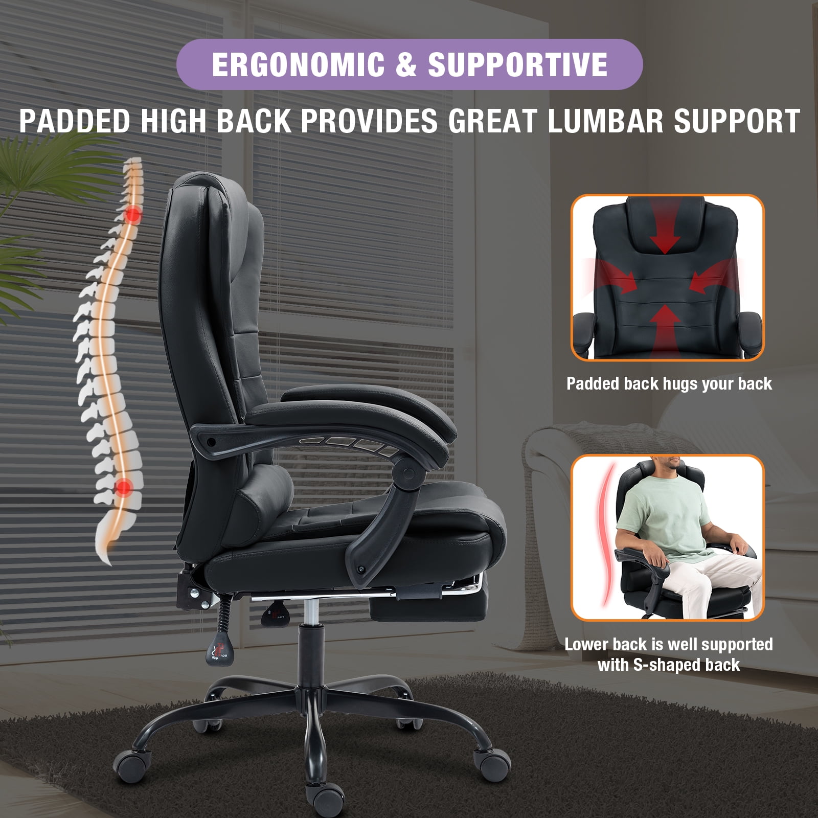 Big and Tall Executive Office Chair with Footrest, Ergonomic Reclining Swivel Computer Chair, High Back Home Office Chair with Lumbar Support, Height Adjustable, Padded Armrests, Rolling, Black