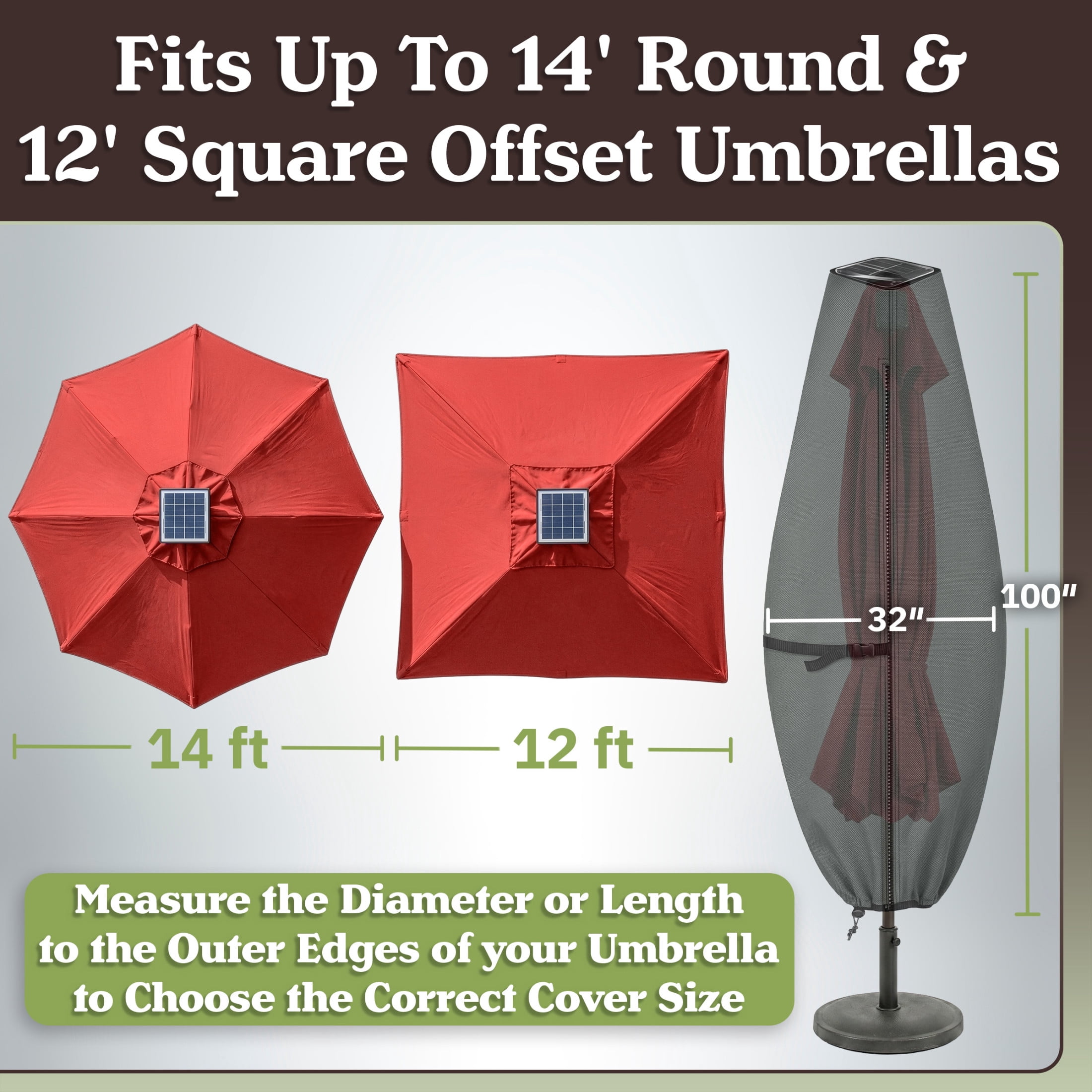 Pure Garden Waterproof Solar Outdoor Umbrella Cover for 11ft Round or 8ft Square, Gray