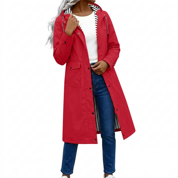 Zpanxa Womens Winter Jackets Long Hooded Waterproof Raincoat Striped Lined Lightweight Windbreaker Outdoor Jacket with Pockets Casual Travel