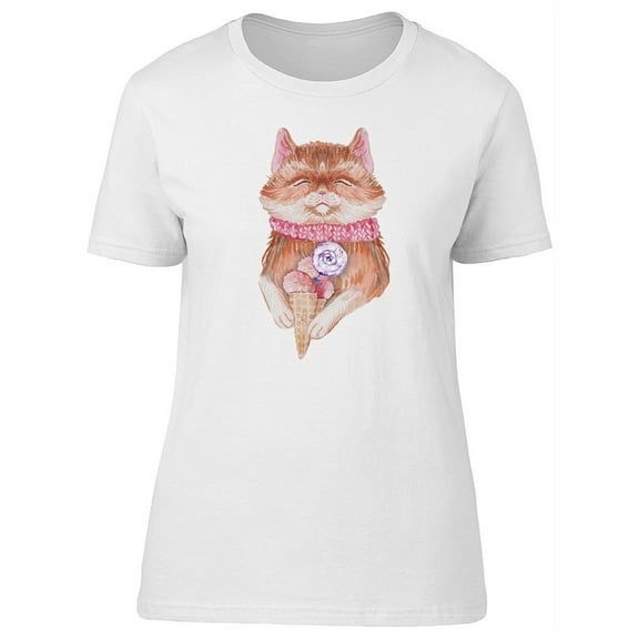 Cute Kitten & Floral Ice Cream T-Shirt Women -Image by Shutterstock, Female Large