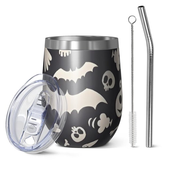 12oz Stemless Wine Tumblers Spooky Halloween Icons Pattern Vacuum Insulated Stainless Steel Travel Tumbler Cups Mug with Lid and Straw for Champaign,Cocktail,Beer with Cleaning Brush