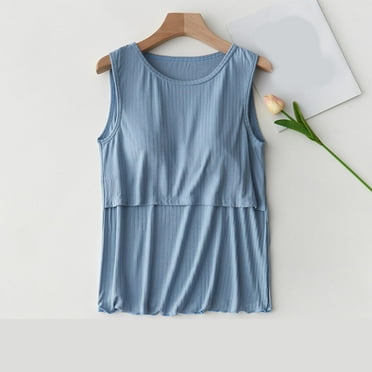 Women Nursing Tank Tops With Chest Sleeveless Maternity Tops Double Layer Breastfeeding and Postpartum Tees Round Neck Pregnancy Blouse Blue XXL
