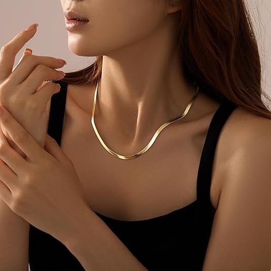 YTTAL 18/20Inch 14K Gold Plated Herringbone Chain, 2-5MM Flat Snake Chain Necklace, Tarnish-Proof Collarbone Necklace for Women, Elegant Stackable Jewelry