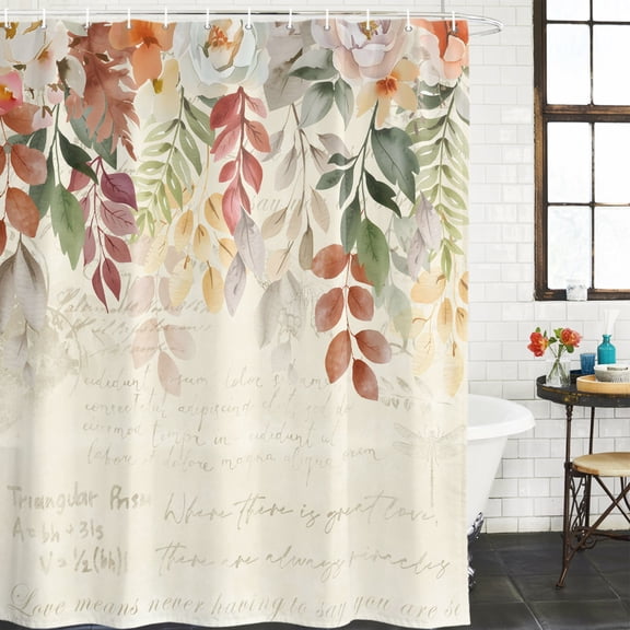 Autumn Leaves Waterproof Shower Curtain, 48"x72" Washable Polyester Fabric Shower Curtains for Bathroom, Thanksgiving Vintage Flowers Eucalyptus Decorative Bathtub Curtain Sets with Hooks