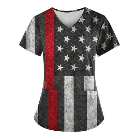 

Sksloeg Scrub Tops Women Stretchy Clearance American Flag Star Print Scrub Nurse Top Shirts Short Sleeve Working Tops Workwear Comfy Shirt Blouses Clothing Dark Gray M
