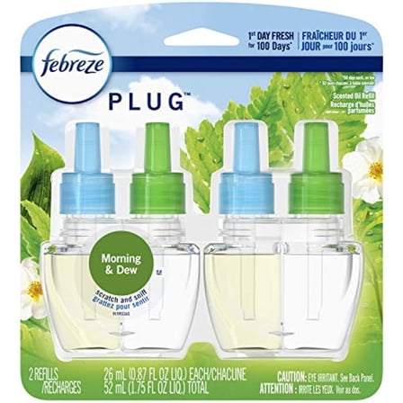 Febreze Plug In Air Freshener And Odor Eliminator, Scented Oil Refill, Morning & Dew, 0.87 Fl Oz (Pack Of 2)