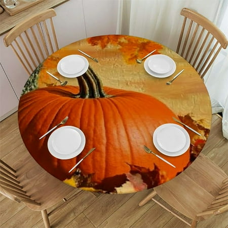 

PHYHOO Round Fitted Tablecloth Thanksgiving Elastic Edge Table Covers Autumn Maple Leaves Pumpkin Circular Cloth Outdoor&Indoor