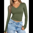 thumbnail image 3 of Camisas de Larga para Mujer, Moda de Otoño 2025, Cuello en V, Blusas Básicas, Blusas Ajustadas Y2K, Conjuntos Verde L, 3 of 8