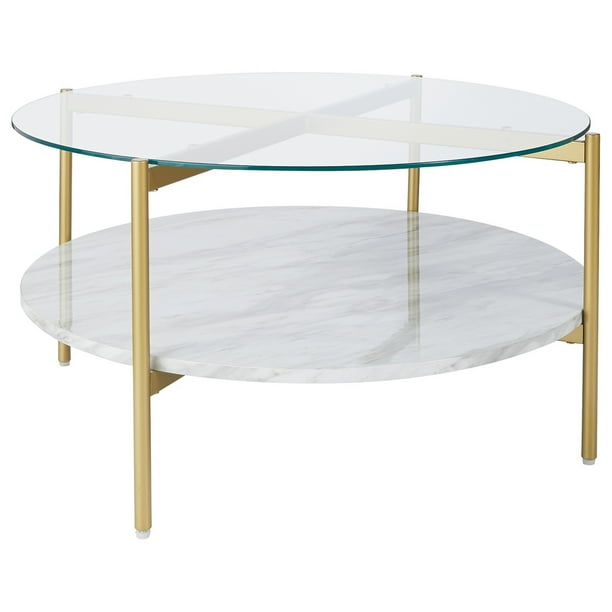 Mesa de cóctel con tapa de vidrio con estante inferior de imitación de mármol, transparente y dorado Benzara Inc BM226524