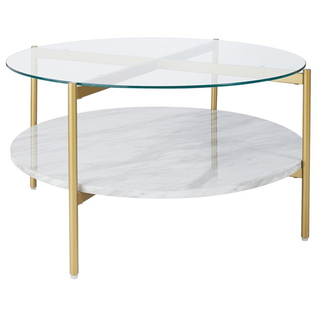 Mesa de cóctel con tapa de vidrio con estante inferior de imitación de mármol, transparente y dorado Benzara Inc BM226524